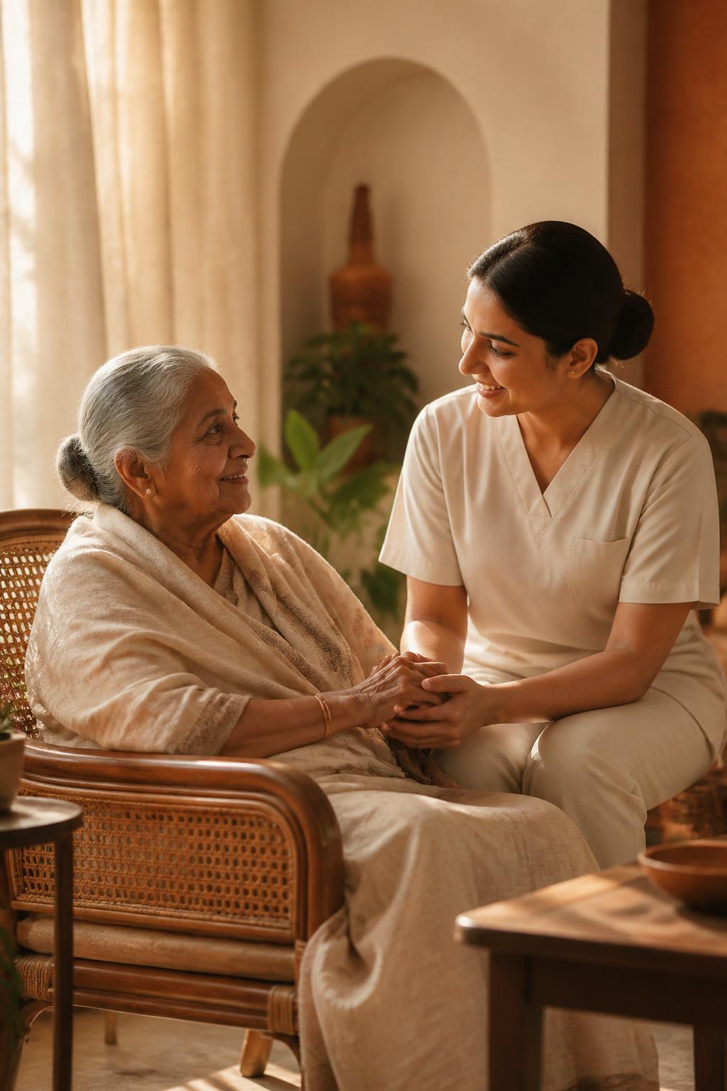 A trained Veteran Crest nurse gently holding the hand of an elderly woman at home in Gurgaon.